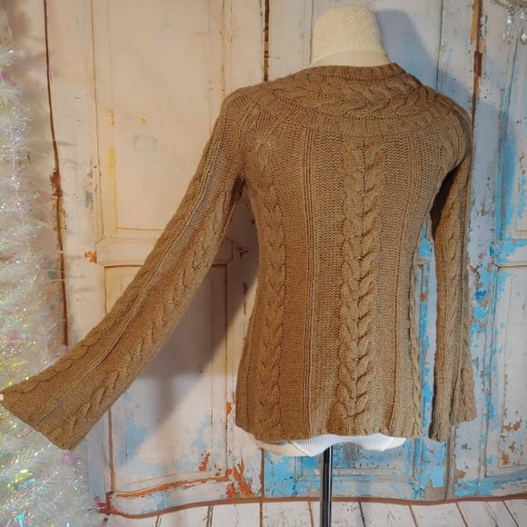 Old Navy wool blend texture cable knit v neck wide sleeve sweater/size XS/tan - Picture 5 of 6